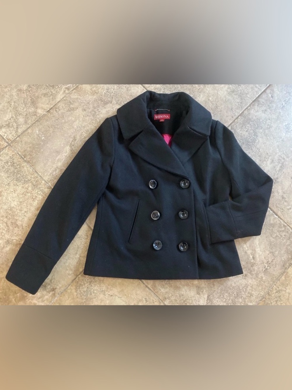 Merona Wool Blend Pea Coat Black Pink Lined Women’s Size M Medium